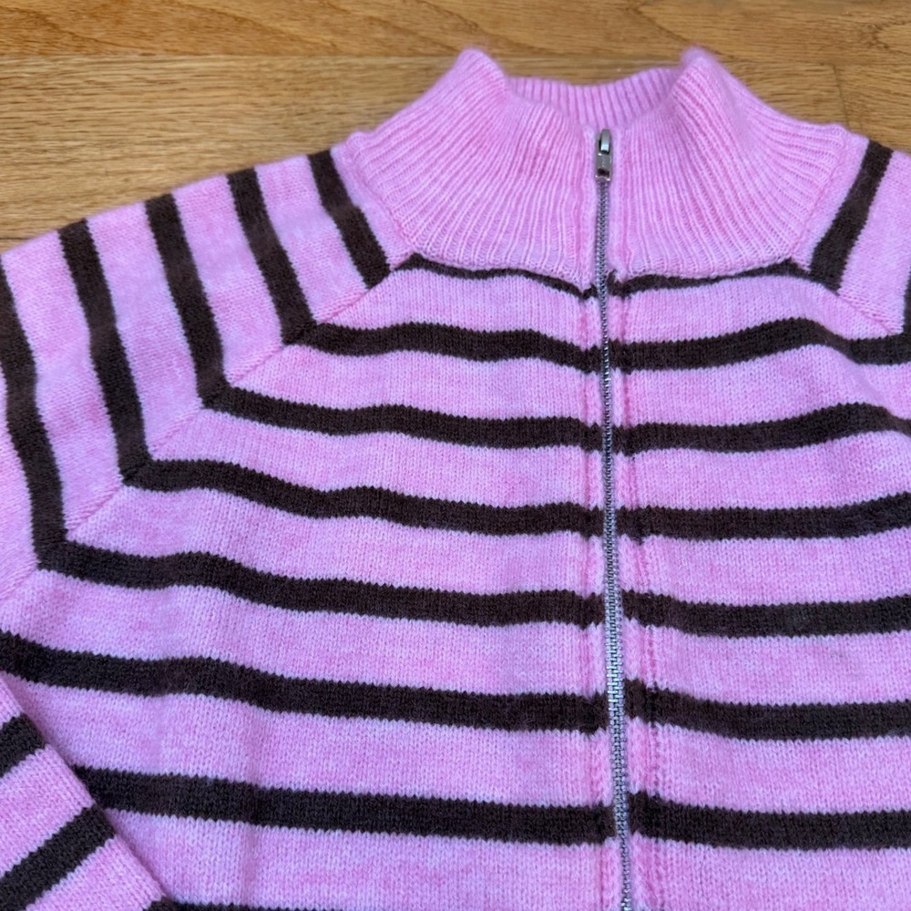 Princess Polly Pink Brown Striped Zip Up Cardigan Sweater Mock Neck Raglan S/M - Picture 2 of 3